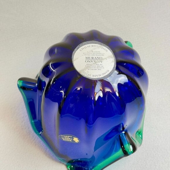 Vintage Italian Murano Style Art Glass Bowl, Cobalt Blue, Green Crest Edge 8" - Picture 7 of 15